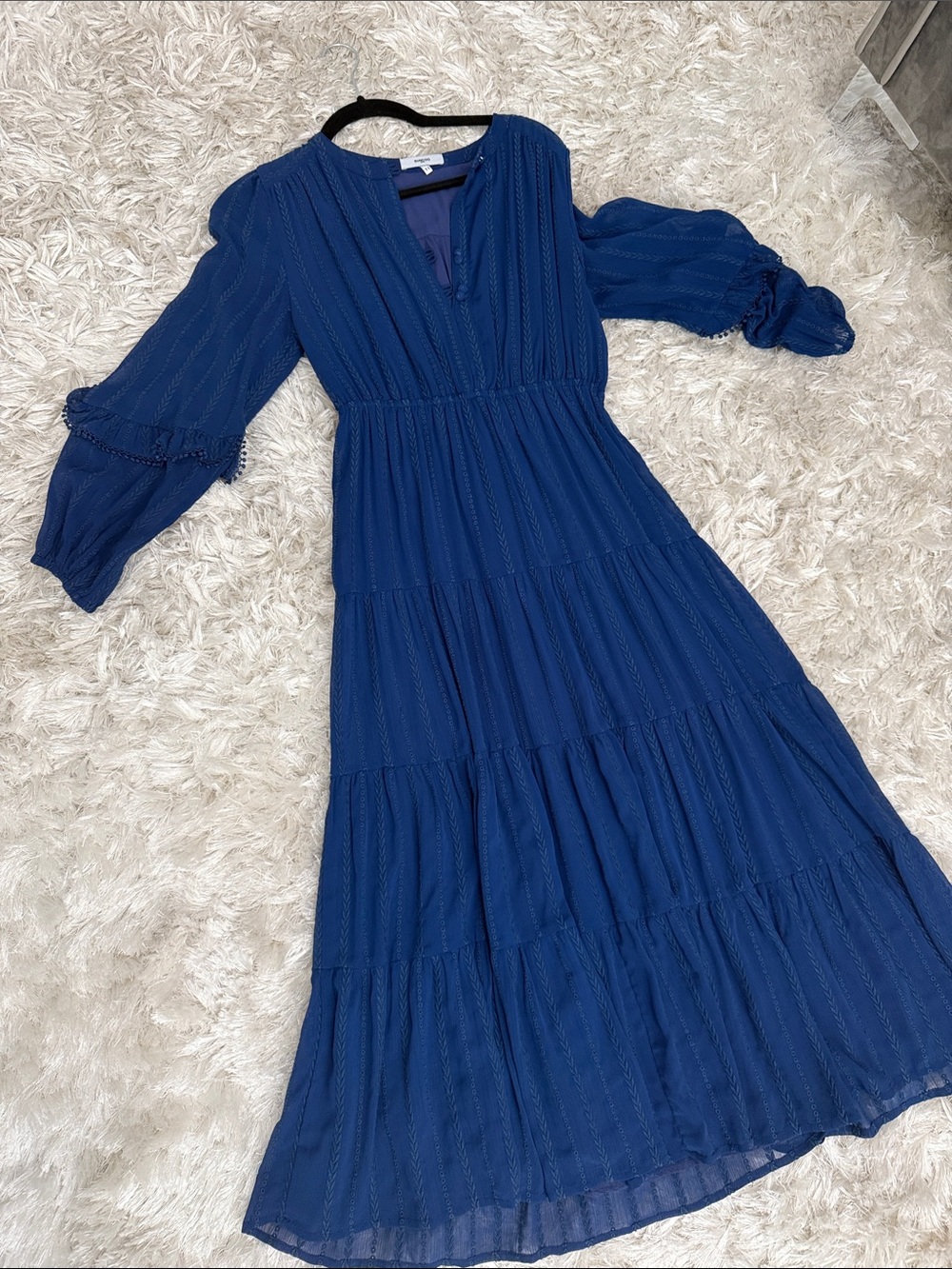SUNCOO Navy Blue Tiered V-Neck Maxi Dress